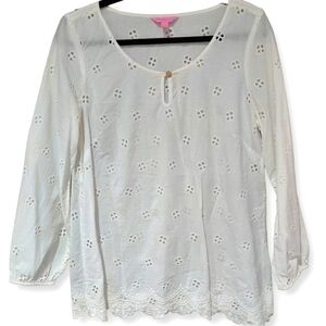 Lilly Pulitzer Top, Long Sleeve Eyelet White Blouse, Size Large